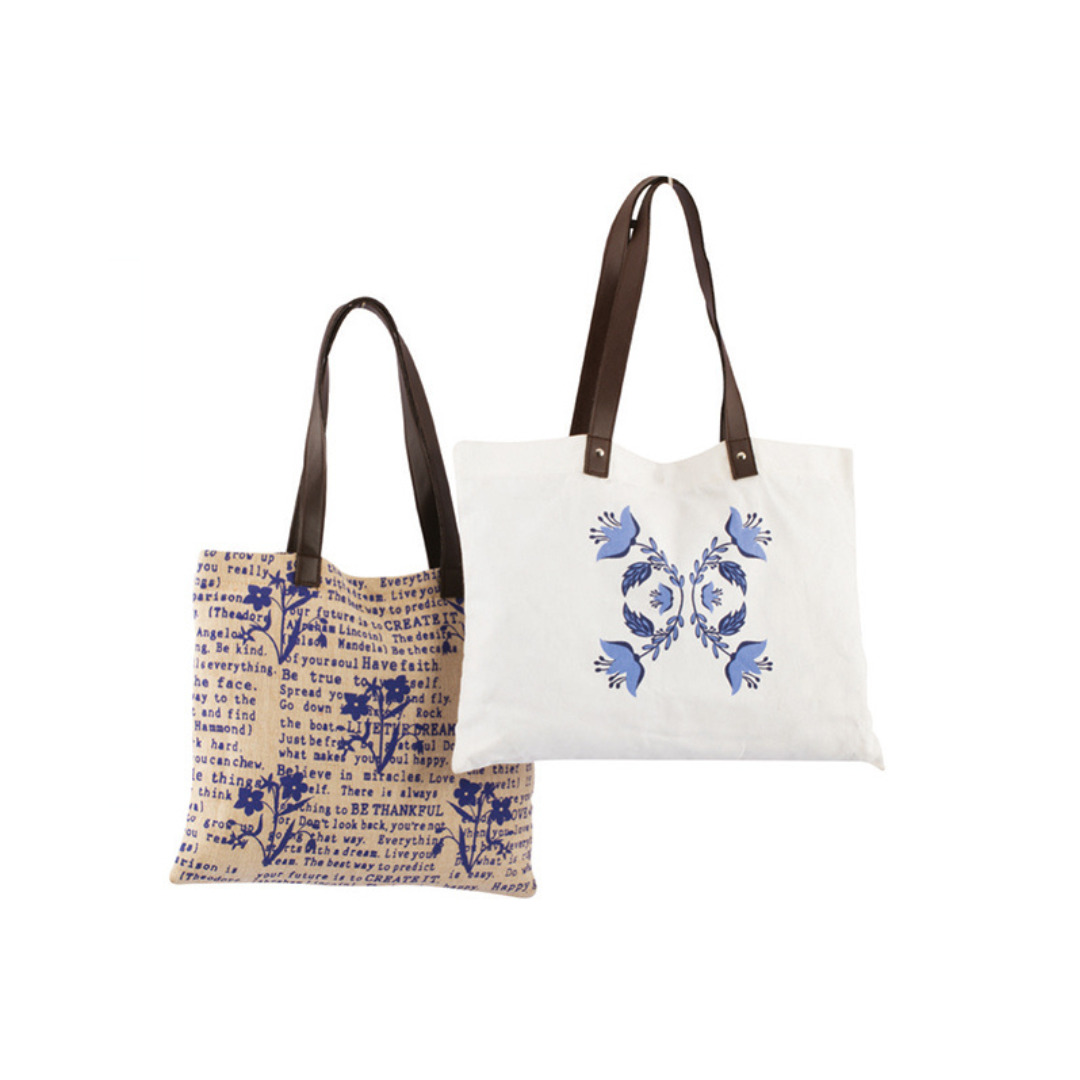 Juco and Canvas Bags with Custom Floral Print and Leather Handles