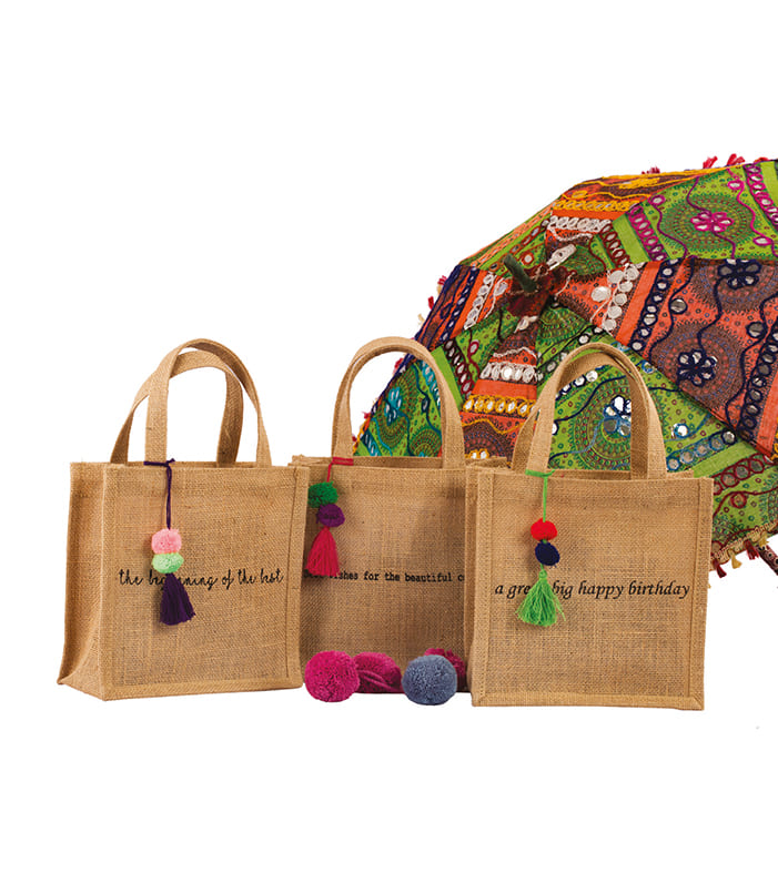 Mini Jute Bags With Pom Pom Adornment