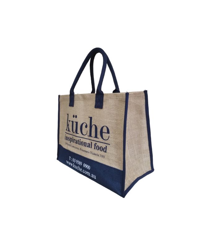 Hessian Promo Bag With Navy Hessian Panel, Navy Piping And Navy Handles