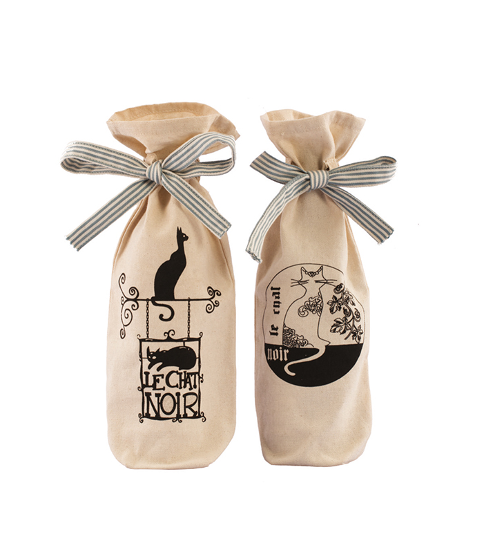 Cat Noir with Striped Bow Canvas Wine Bags