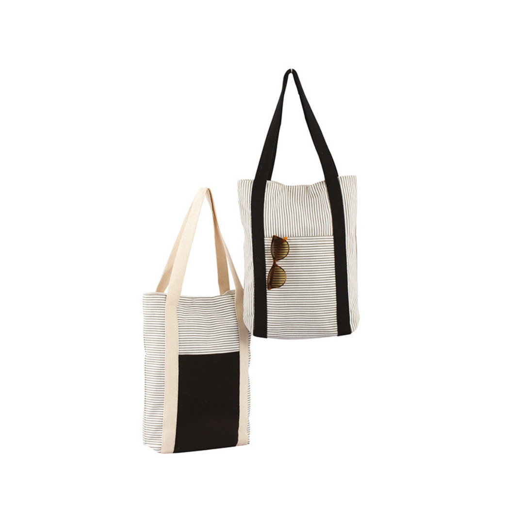 Monochrome Striped Canvas Bag With Front Pockets