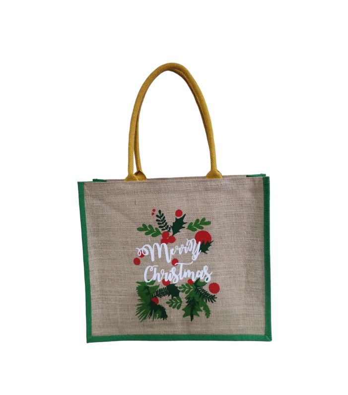 Hessian Merry Christmas Bag With Green Gussets And Yellow Handles