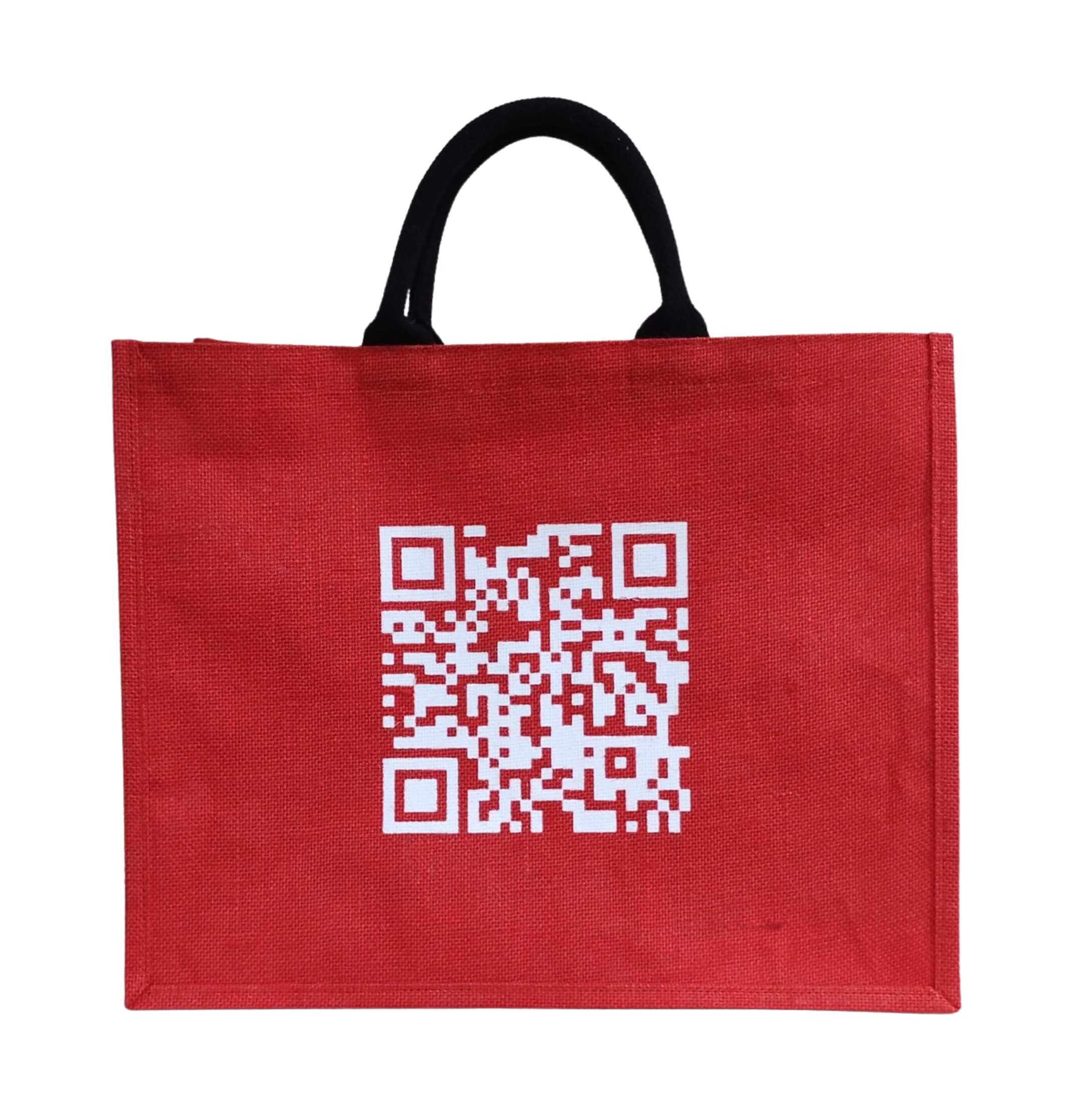 Dyed Red Custom Hessian Promo Bag With QR Code