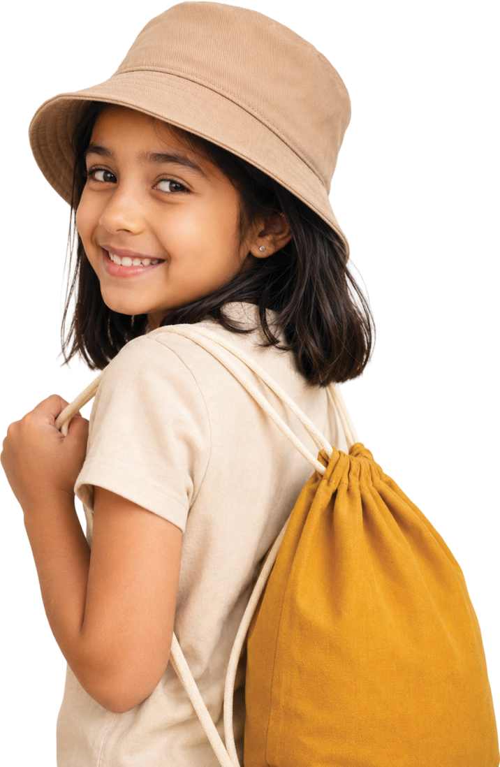 Child wearing a hat carrying a custom branded centre bag